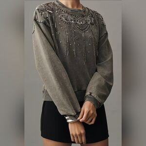 Pilcro Anthropologie Washed Grey Beaded Jewelled Sweatshirt Medium